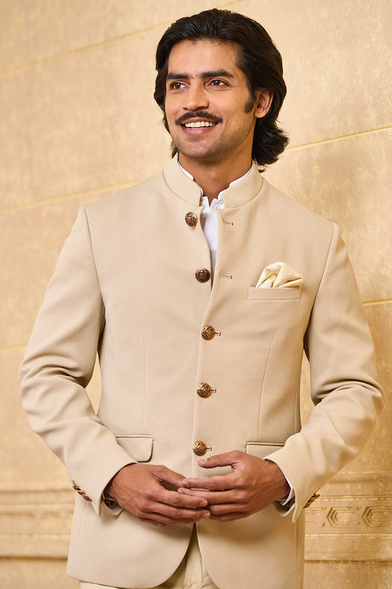 Beige Knit Bandhgala With Metallic Buttons