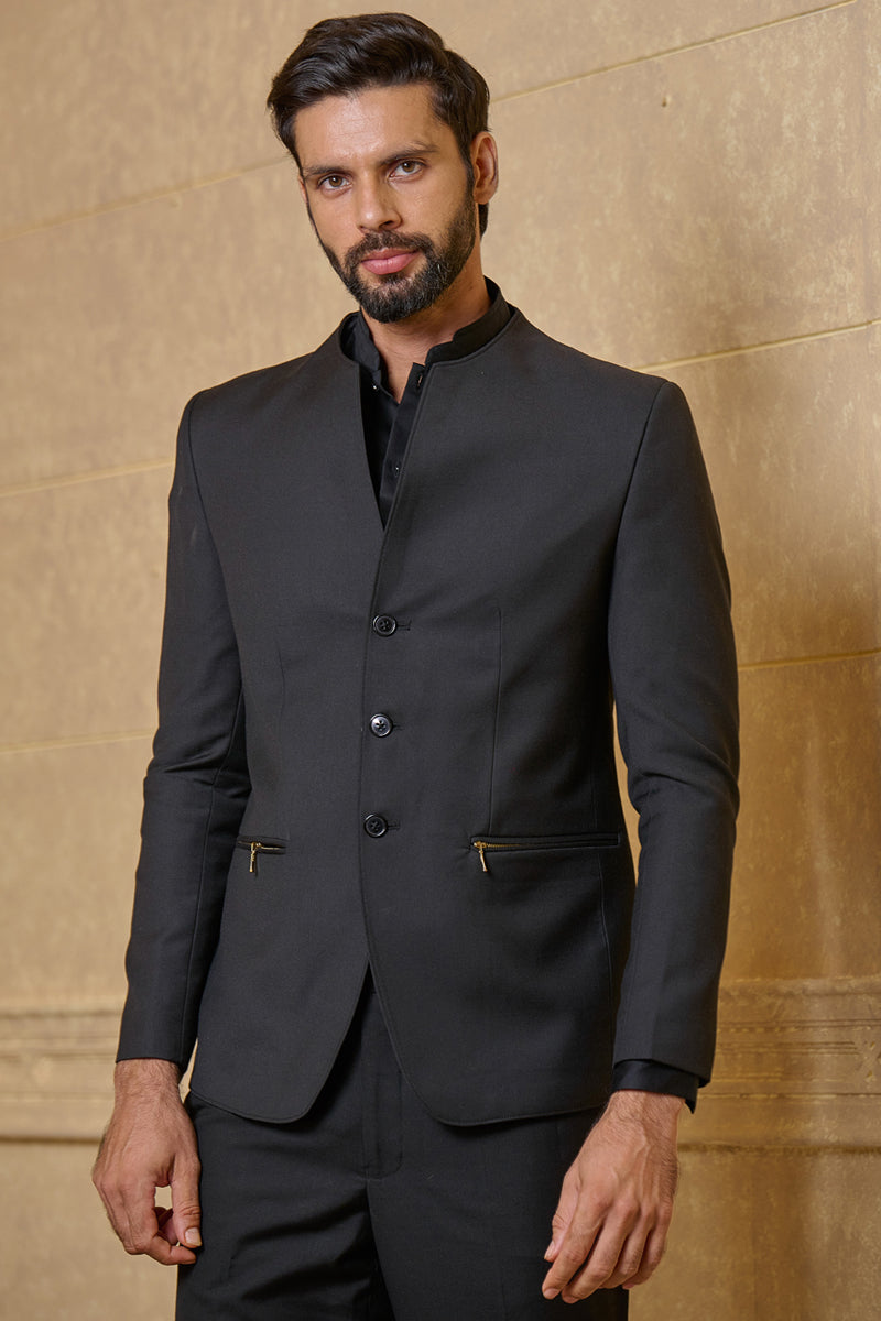 Black Classic Bandhgala With Zipper Pocket Detailing