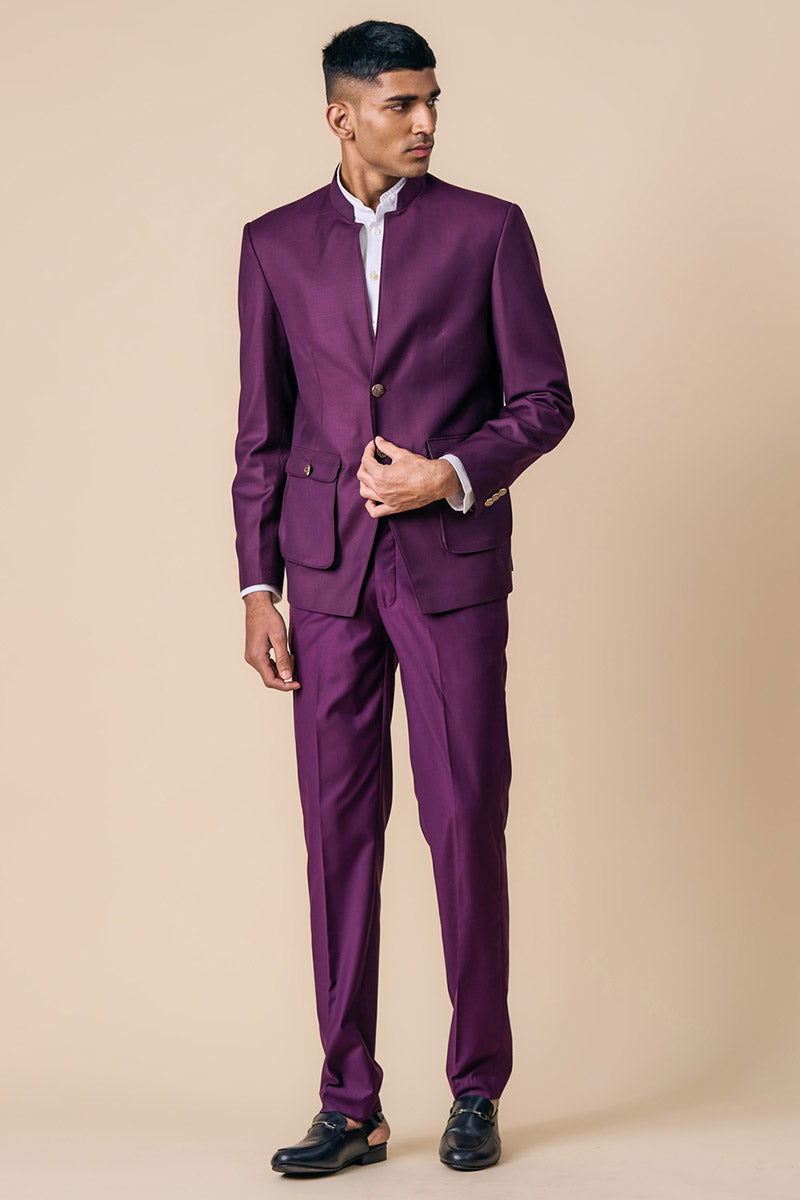 Wine Bandhgala With Cargo Pocket Detailing