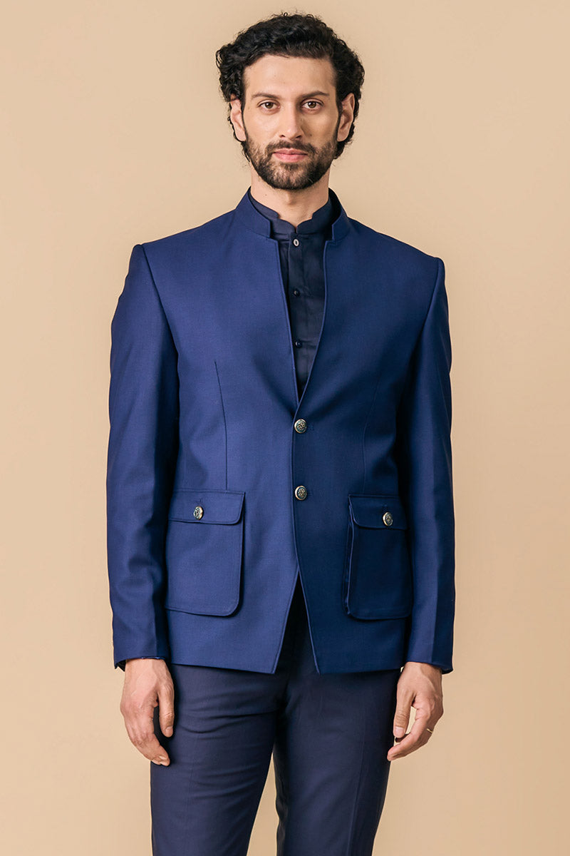 Navy Bandhgala With Cargo Pocket Detailing