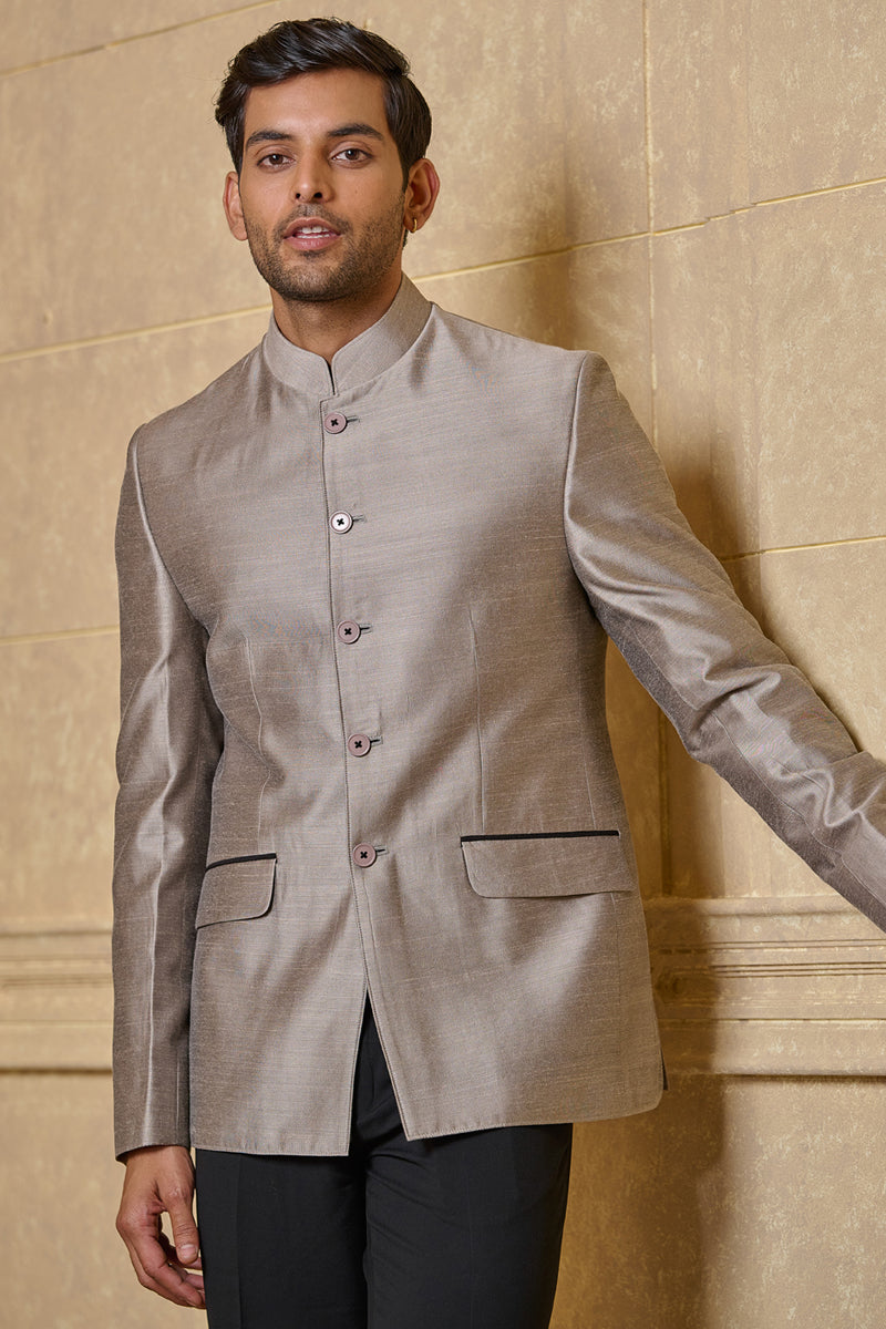 Medium Grey Classic Bandhgala With Contrast Edging