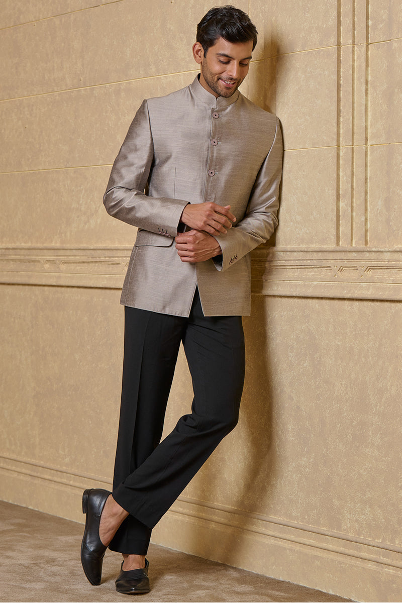 Medium Grey Classic Bandhgala With Contrast Edging