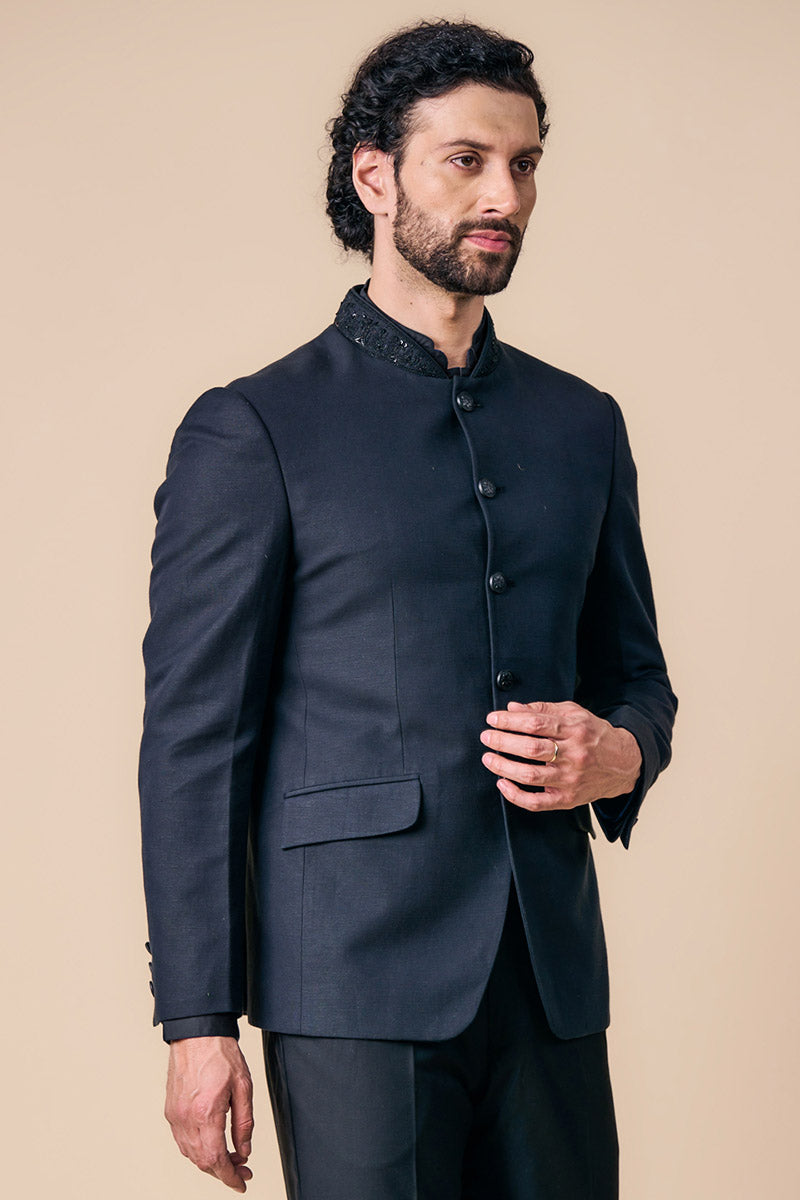 Black Linen Bandhgala With Embroidered Collar