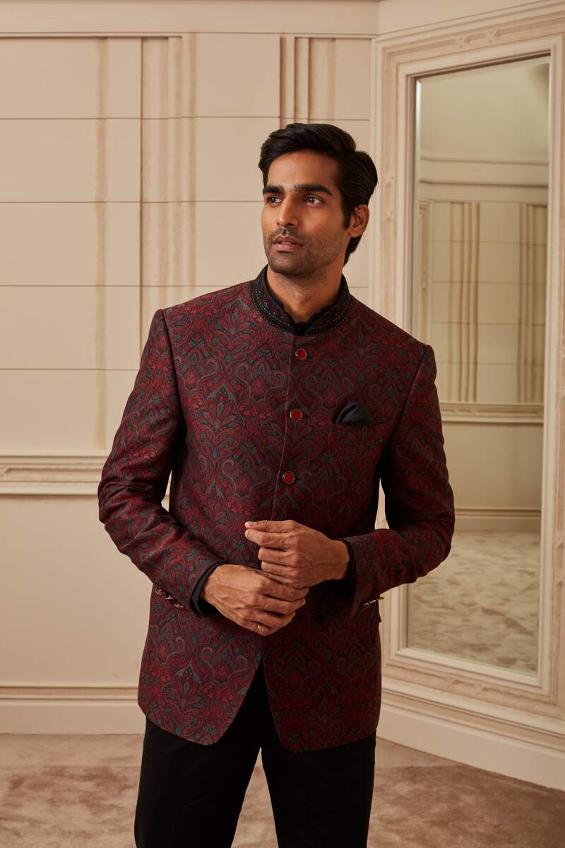 Multi-coloured Jacquard Bandhgala With Embroidered Collar