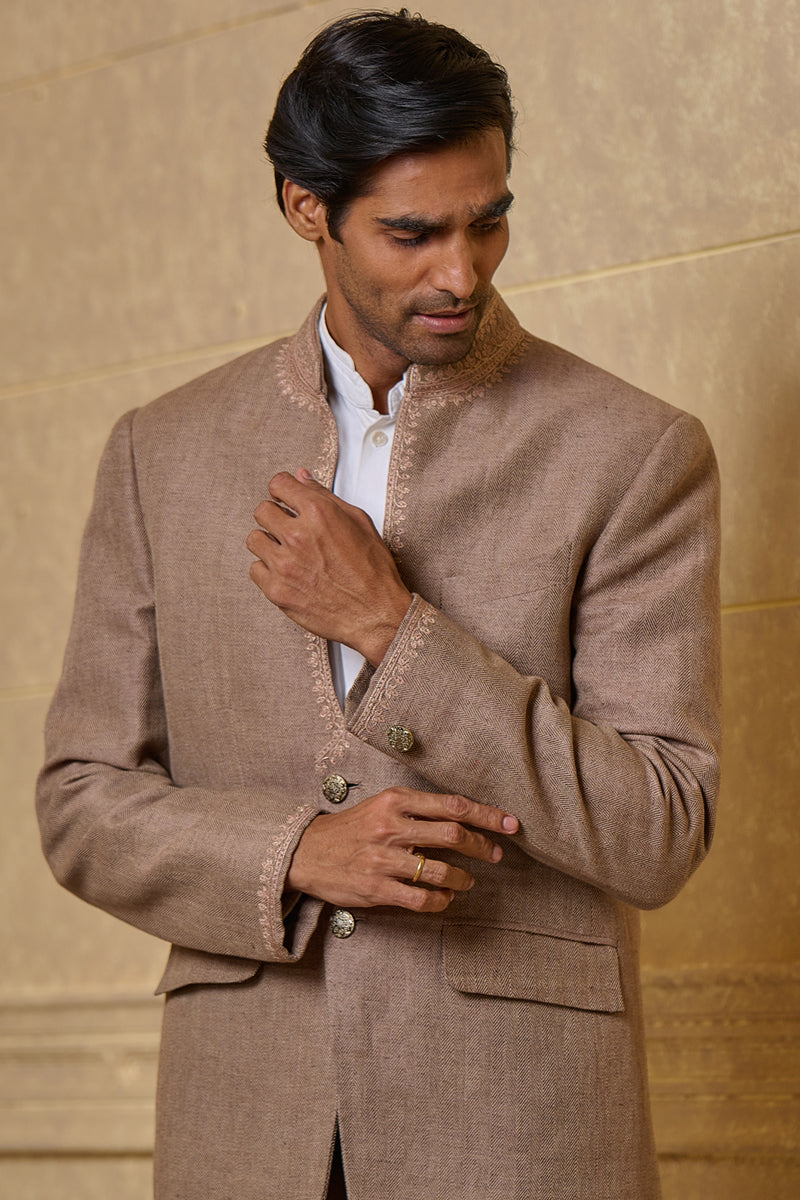 Brown Linen Bandhgala With Tonal Dori Embroidery