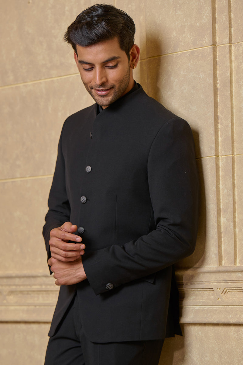 Black Plain Stretch Bandhgala With Built Up Neck