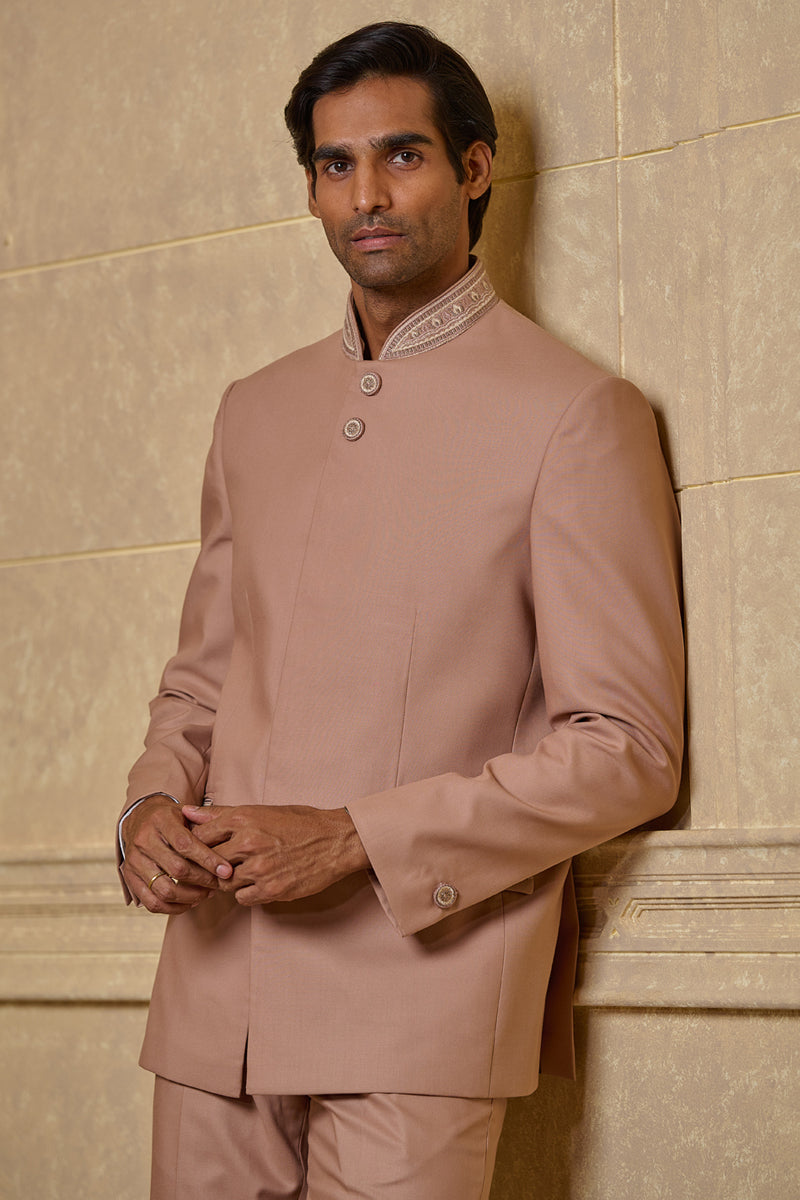 Peach Classic Bandhgala With Embroidery