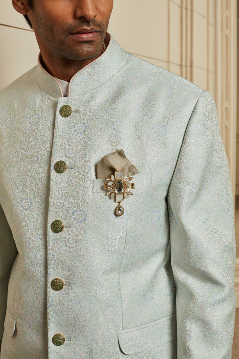 Light Green Jacquard Bandhgala With Embroidered Collar