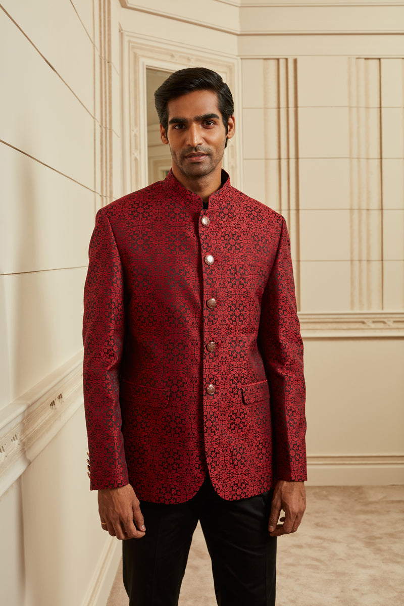 Red All Over Textured Jacquard Bandhgala