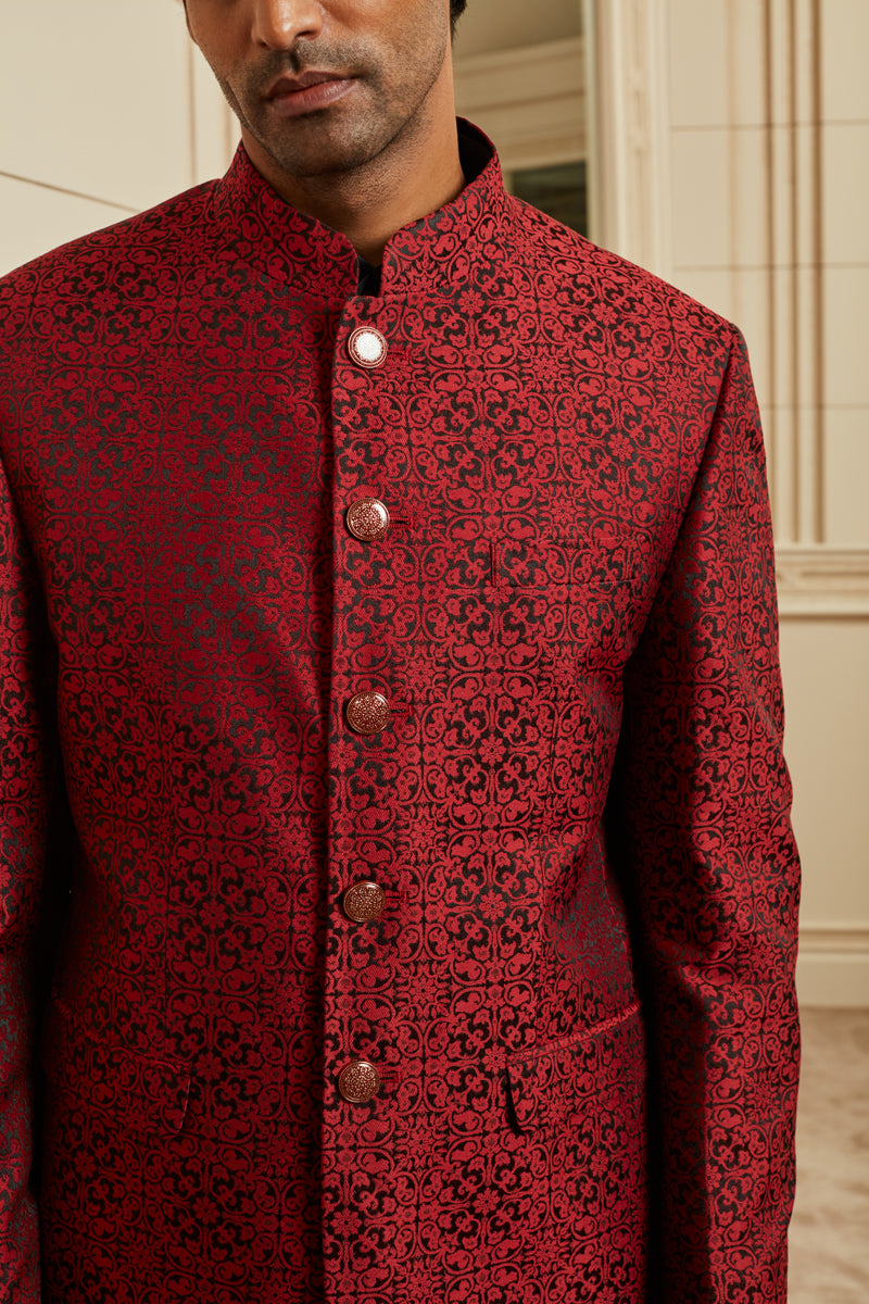 Red All Over Textured Jacquard Bandhgala