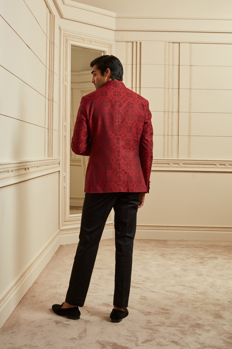 Red All Over Textured Jacquard Bandhgala