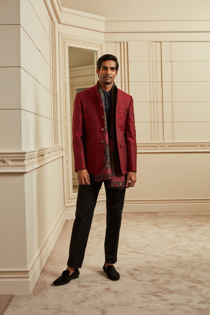 Red All Over Textured Jacquard Bandhgala