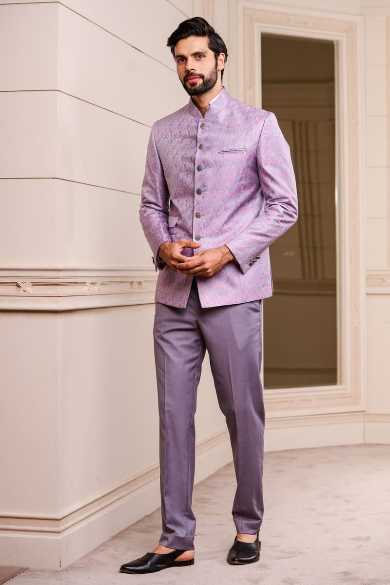 Medium Grey Silk Jacquard Bandhgala