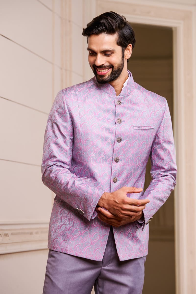 Medium Grey Silk Jacquard Bandhgala