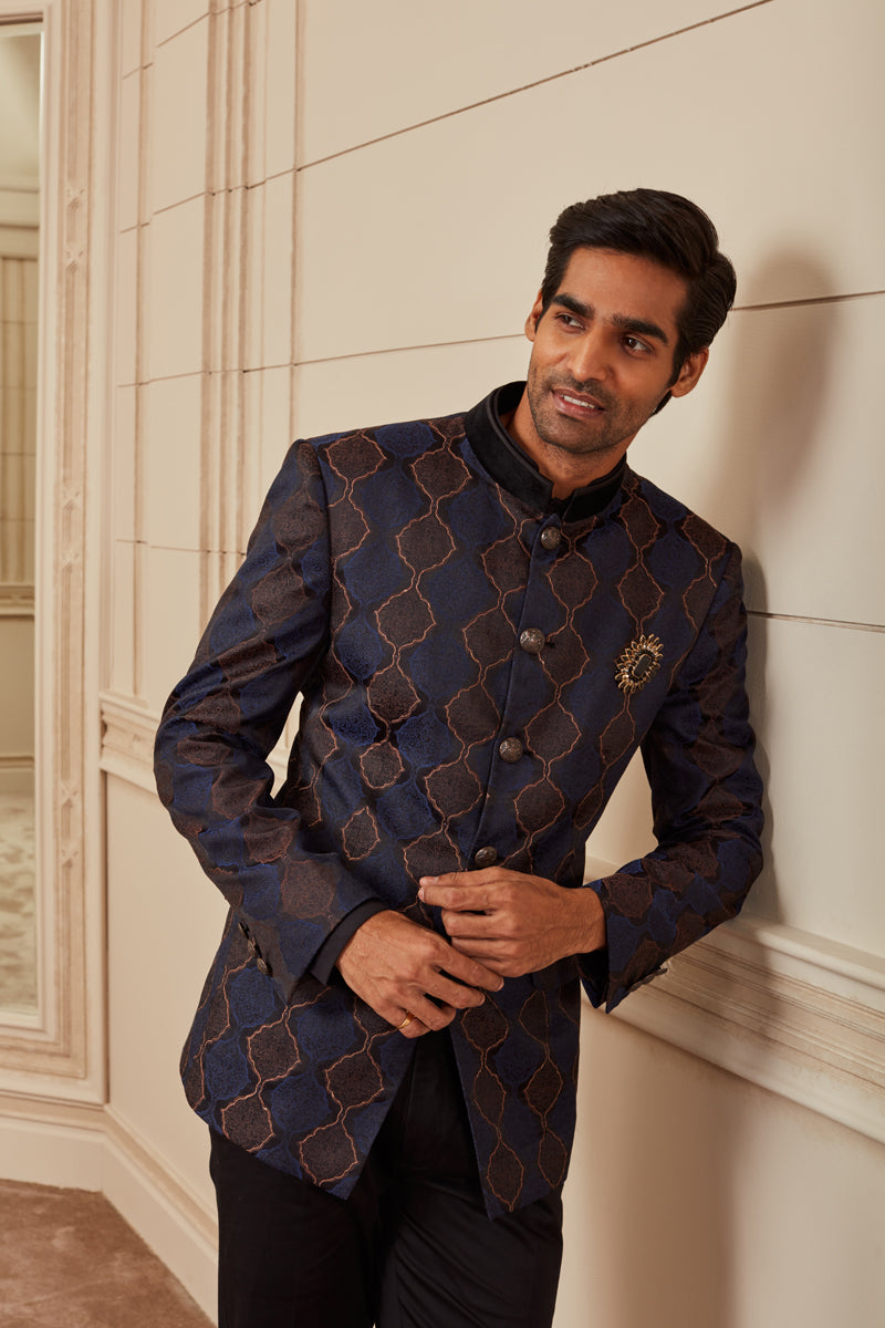 Navy All Over Jacquard Bandhgala With Dori Highlights