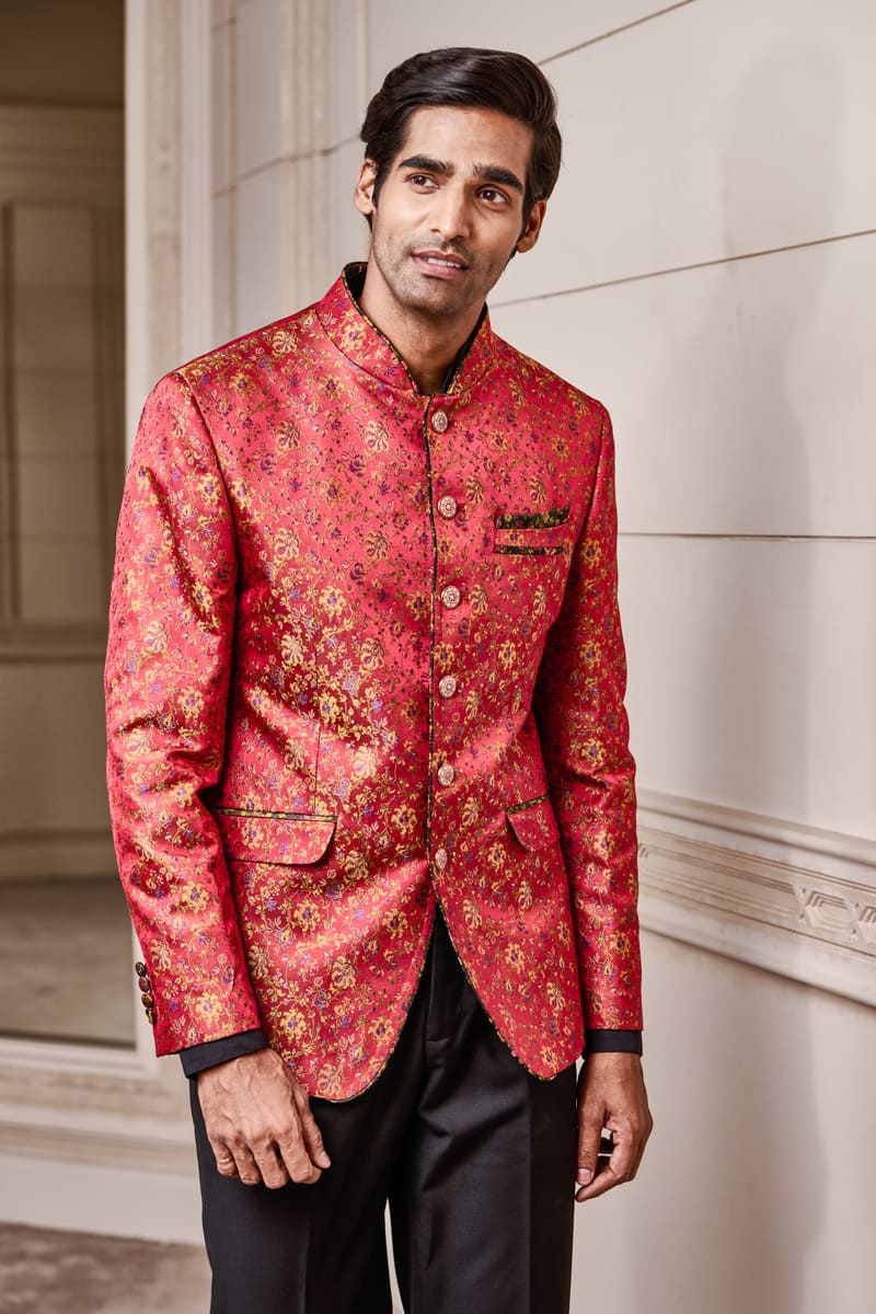 Red Floral Printed Bandhgala