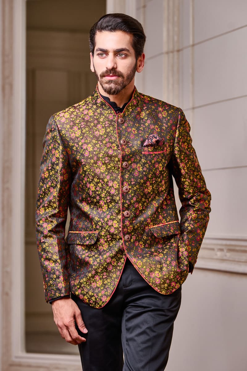 Green Floral Printed Bandhgala