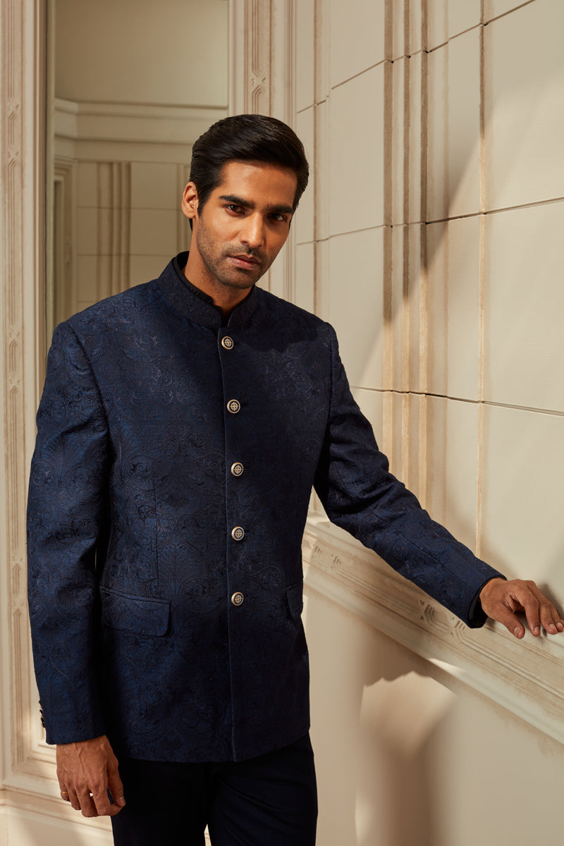 Navy All Over Thread Embroidered Bandhgala