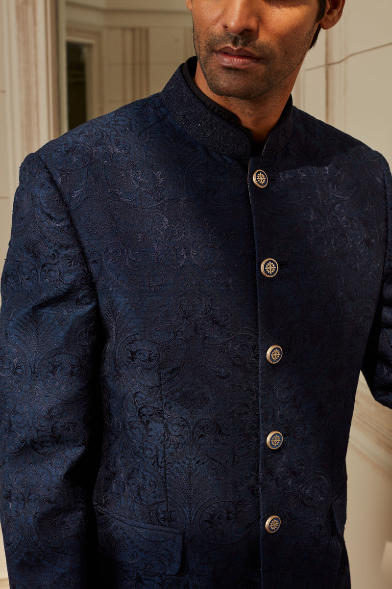 Navy All Over Thread Embroidered Bandhgala