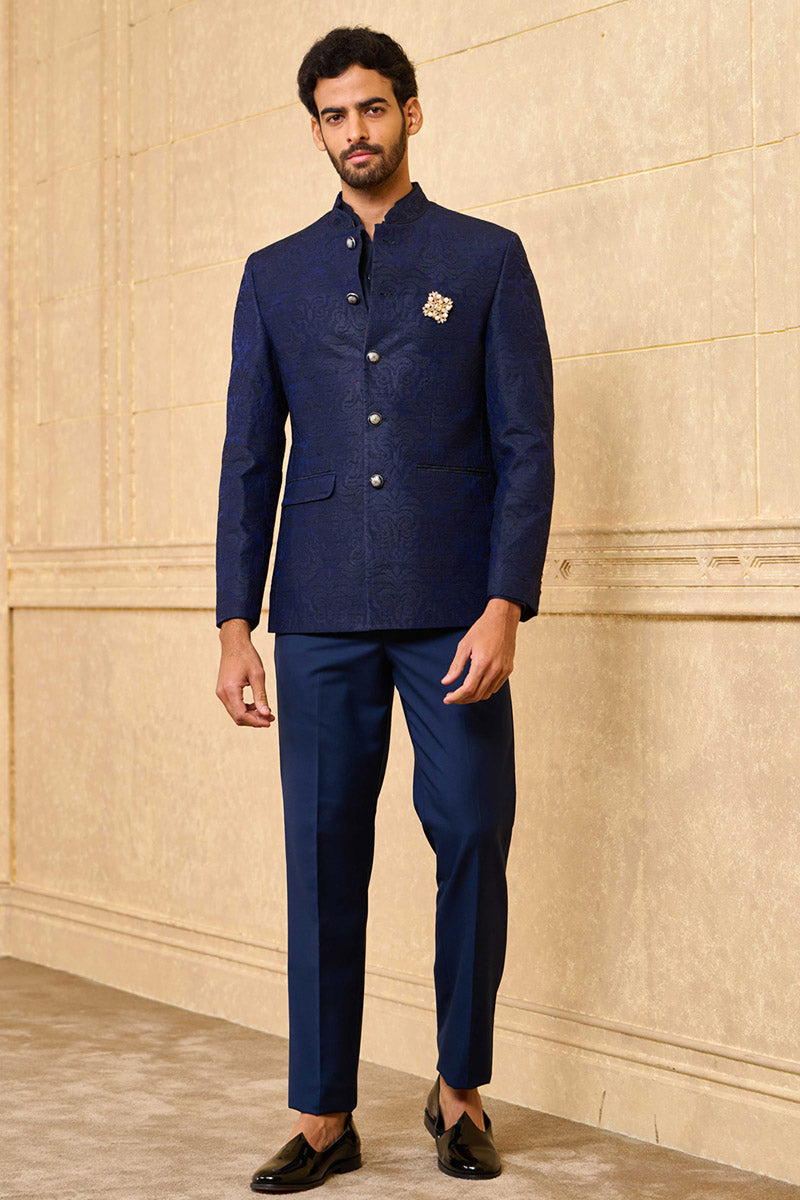 Navy All Over Thread Embroidered Bandhgala