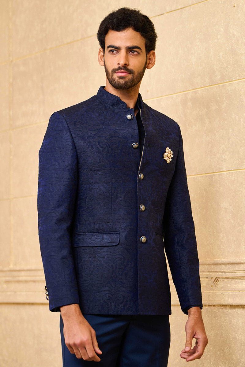 Navy All Over Thread Embroidered Bandhgala