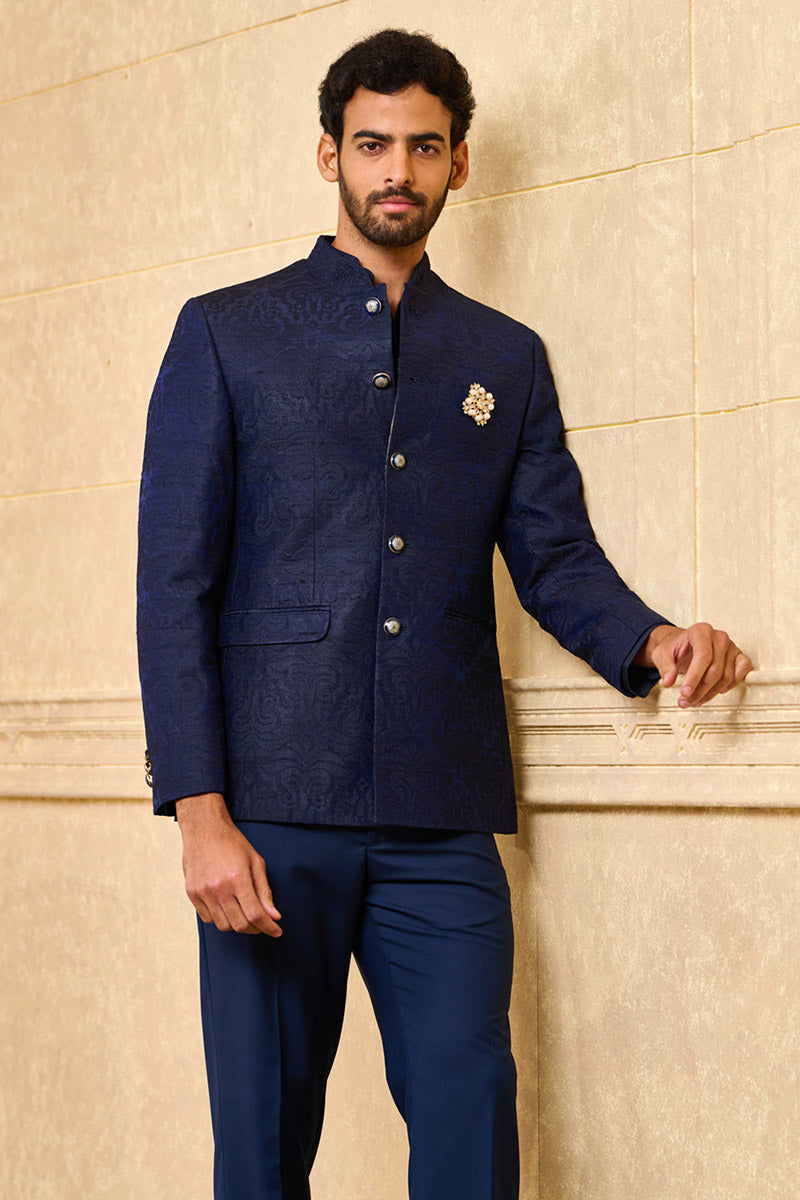 Navy All Over Thread Embroidered Bandhgala