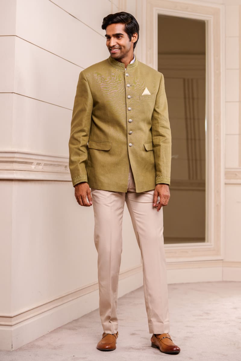 Olive Linen Bandhgala With Dori Embroidery