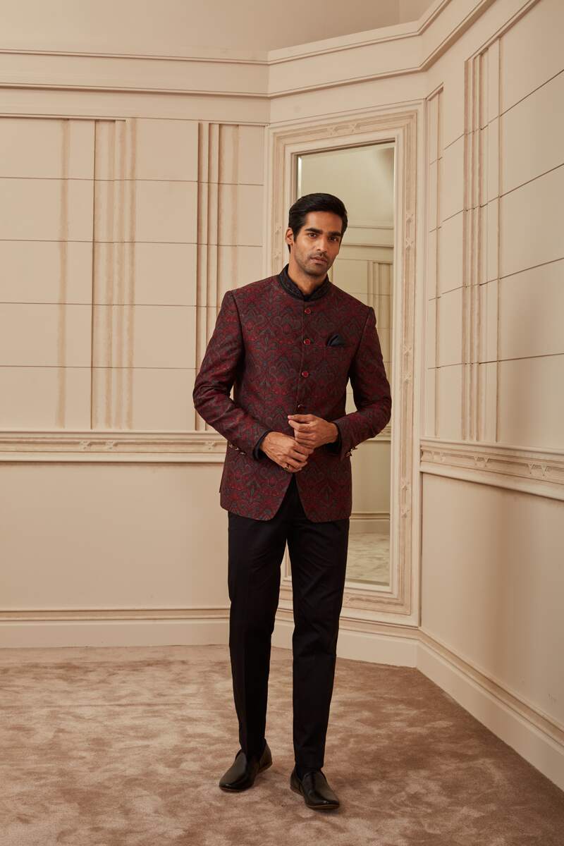 Multi-coloured Jacquard Bandhgala With Embroidered Collar