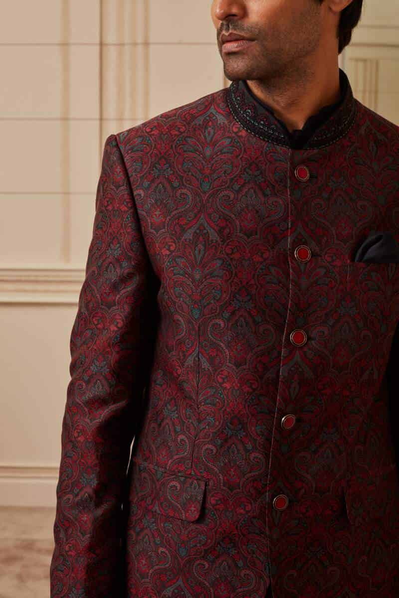 Multi-coloured Jacquard Bandhgala With Embroidered Collar