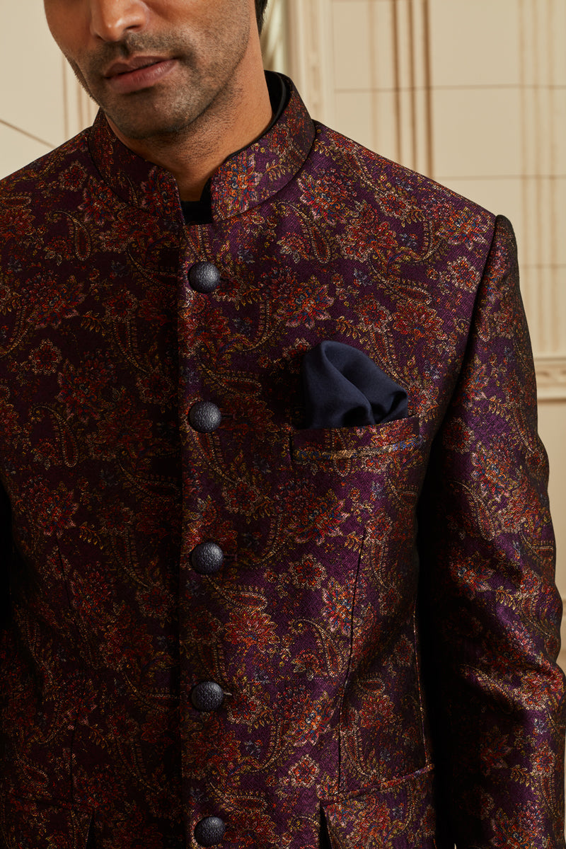 Purple Printed Bandhgala