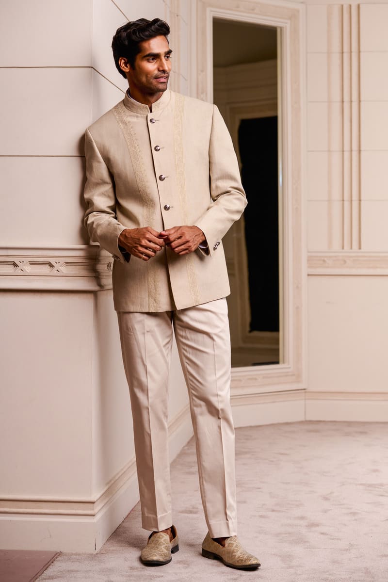 Khaki Linen Bandhgala With Dori Embroidery