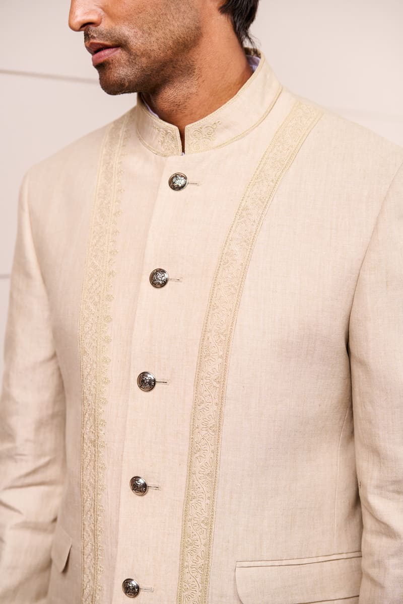 Khaki Linen Bandhgala With Dori Embroidery