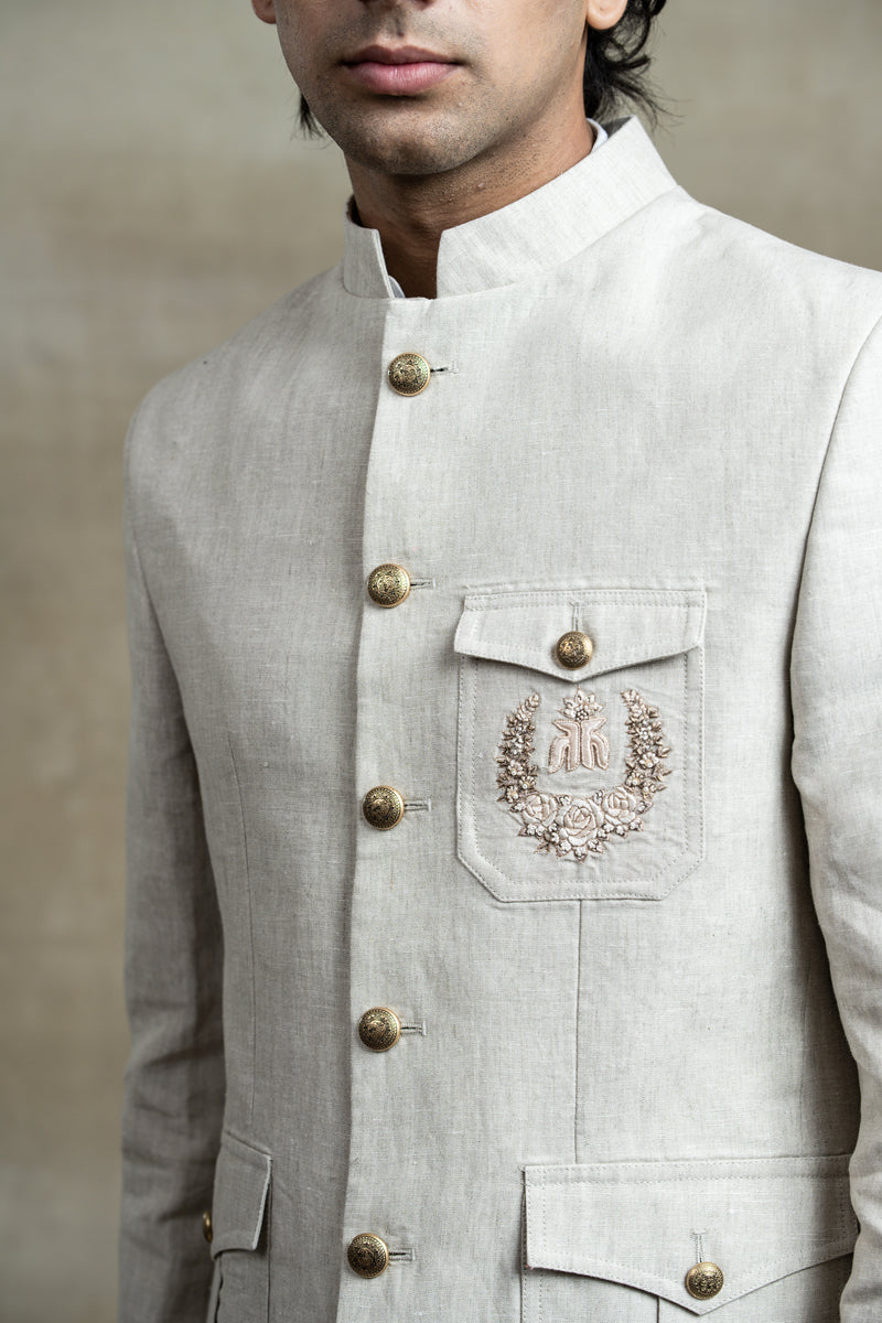 Ivory Linen Bandhgala with Pocket Detailing