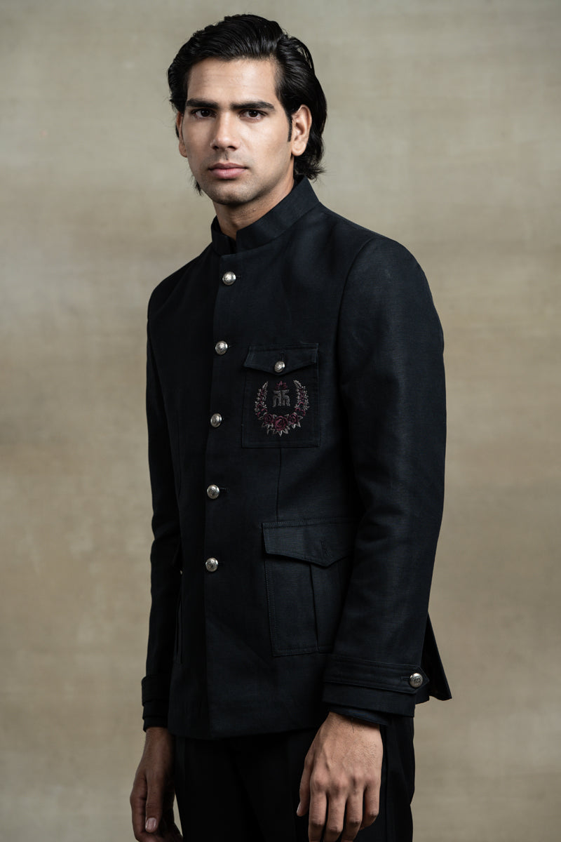 Black Linen Bandhgala with Pocket Detailing