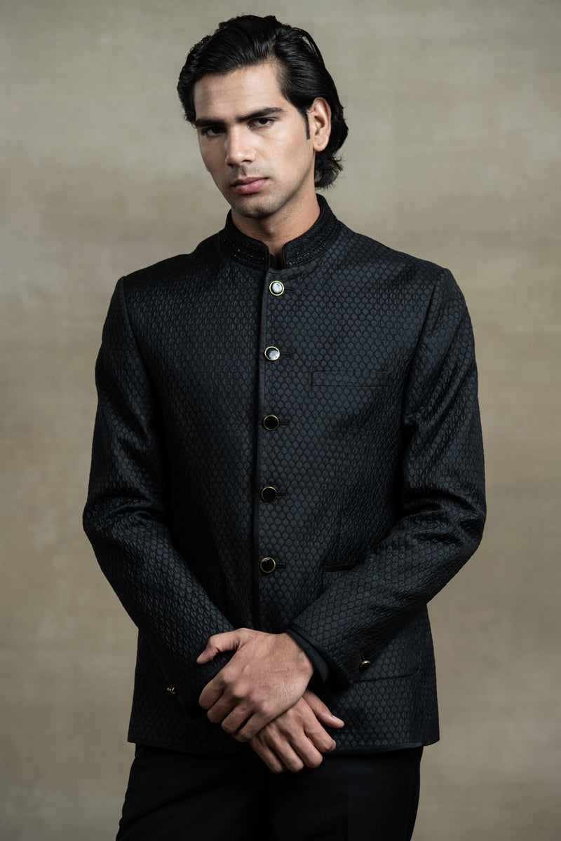 Black Jacquard Bandhgala With Embroidered Collar