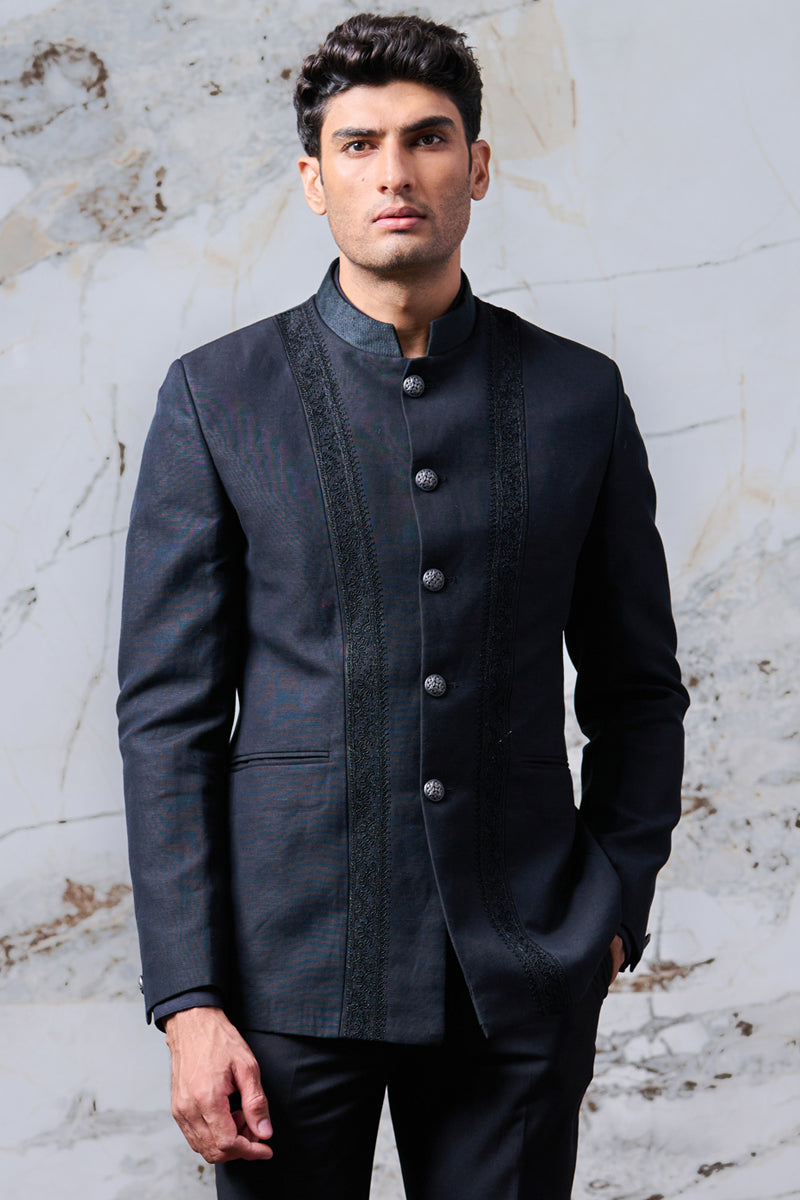 Black Linen Bandhgala With Dori Embroidery