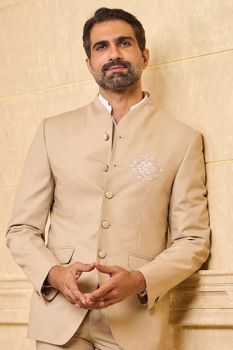 Beige Bandhgala With Thread Crest Embroidery