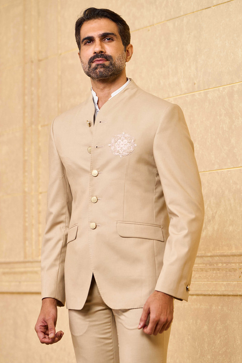 Beige Bandhgala With Thread Crest Embroidery