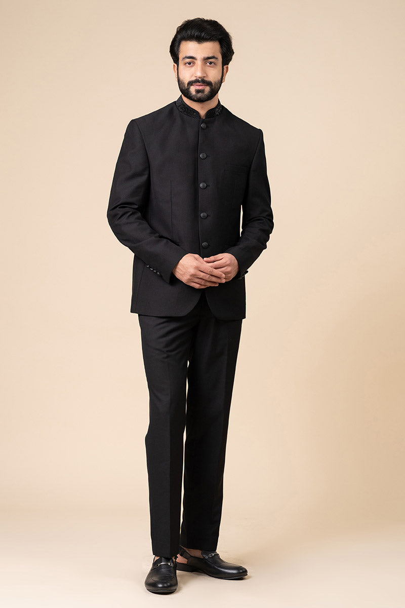 Black Classic Bandhgala With Embroidered Collar