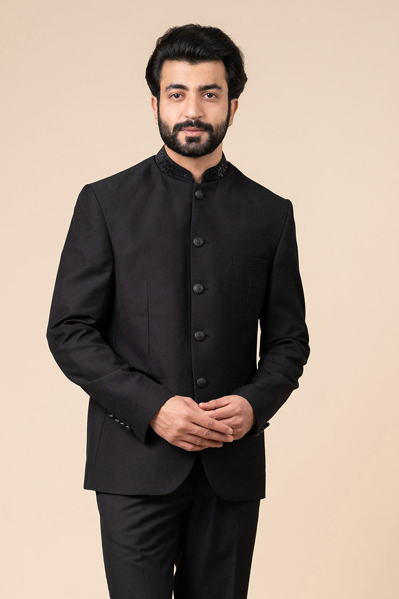 Black Classic Bandhgala With Embroidered Collar