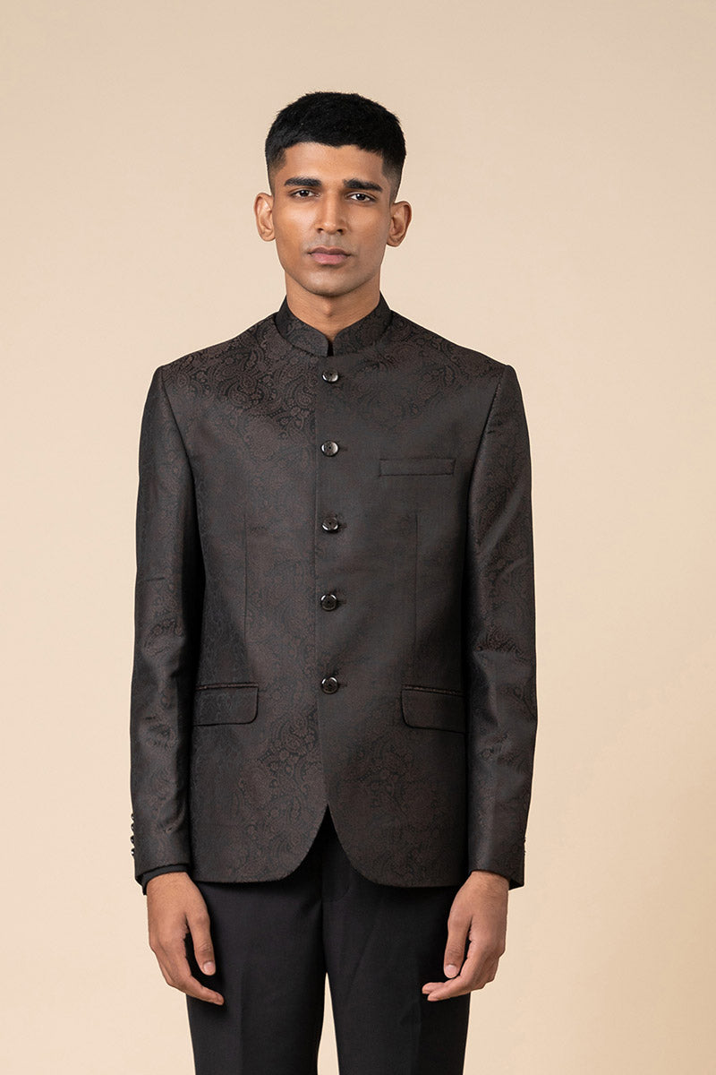 Black Self Print Jacquard Bandhgala