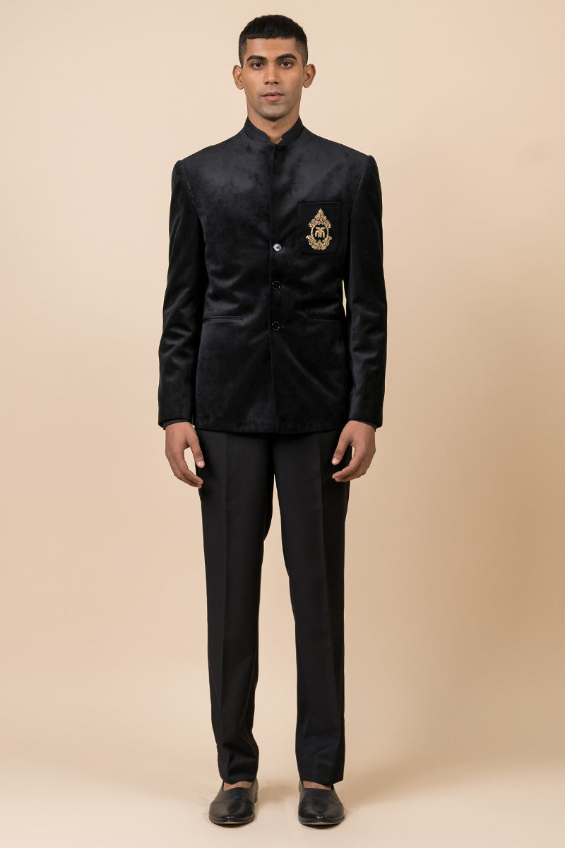 Black Velvet Bandhgala With Embroidered Crest