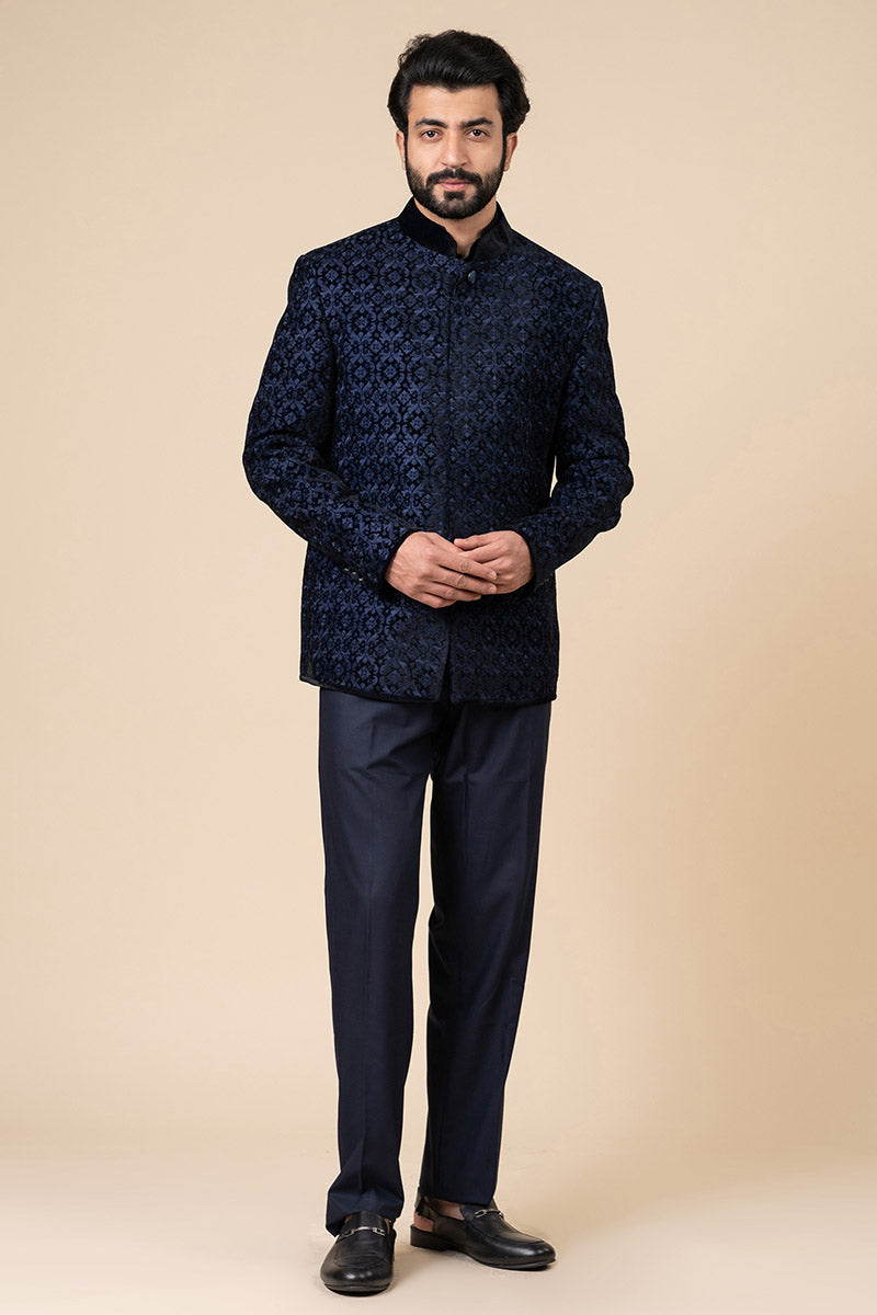 Navy All Over Embroidered Velvet Bandhgala