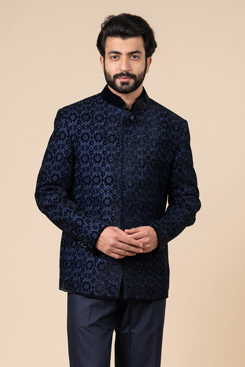 Navy All Over Embroidered Velvet Bandhgala