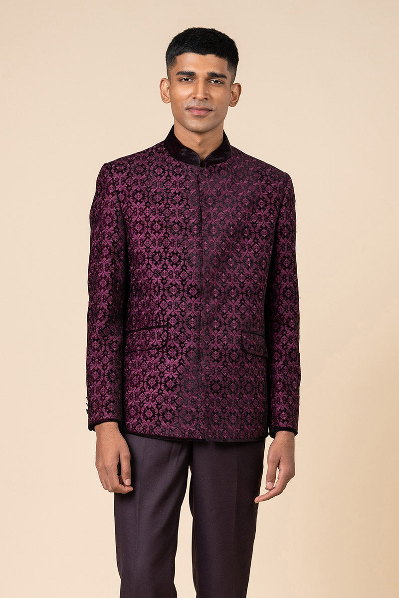 Wine All Over Embroidered Velvet Bandhgala