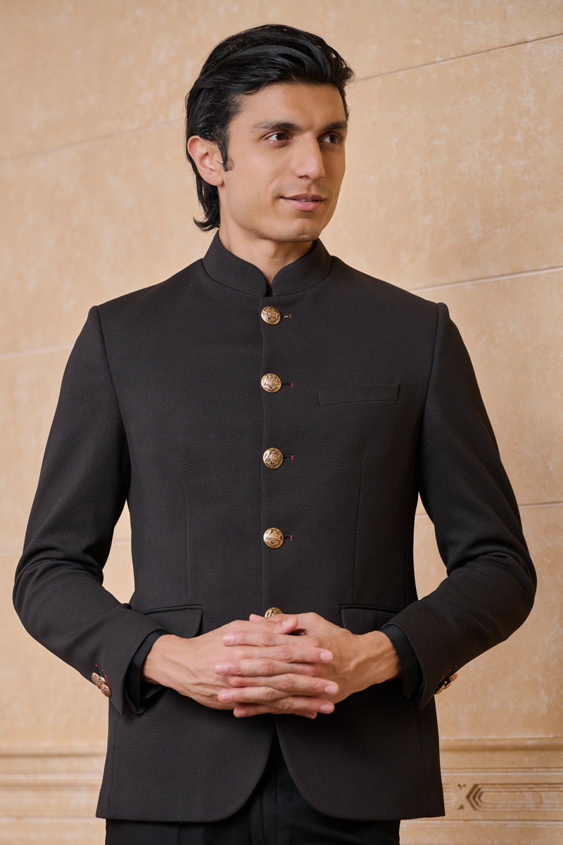 Black Knit Bandhgala With Metallic Buttons