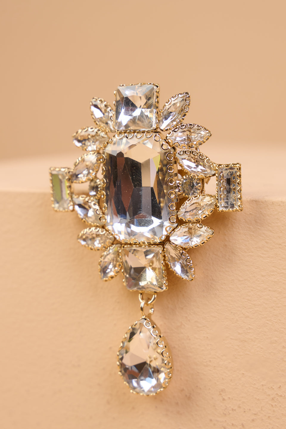 Crystal Brooch With Centre Drop Detail