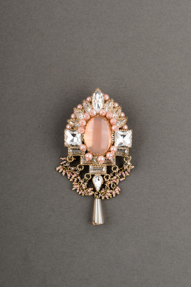 Peach Crystal With Semi Precious Stone Brooch