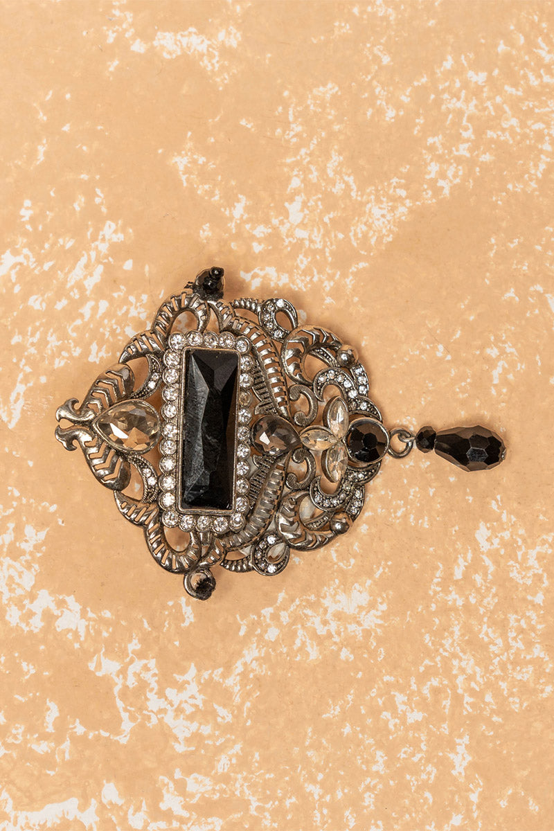 Silver Brooch with Black Crystal