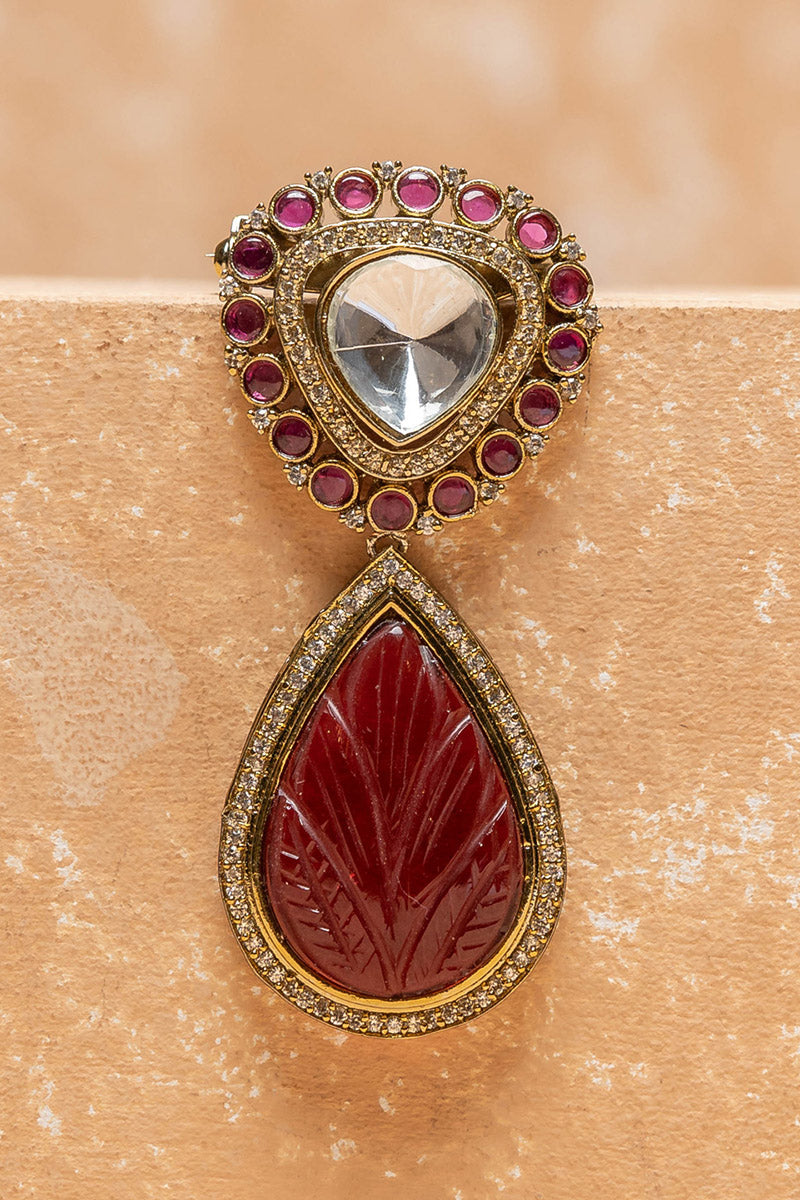 Crystal Brooch With Maroon Jaipuri Bead Drop